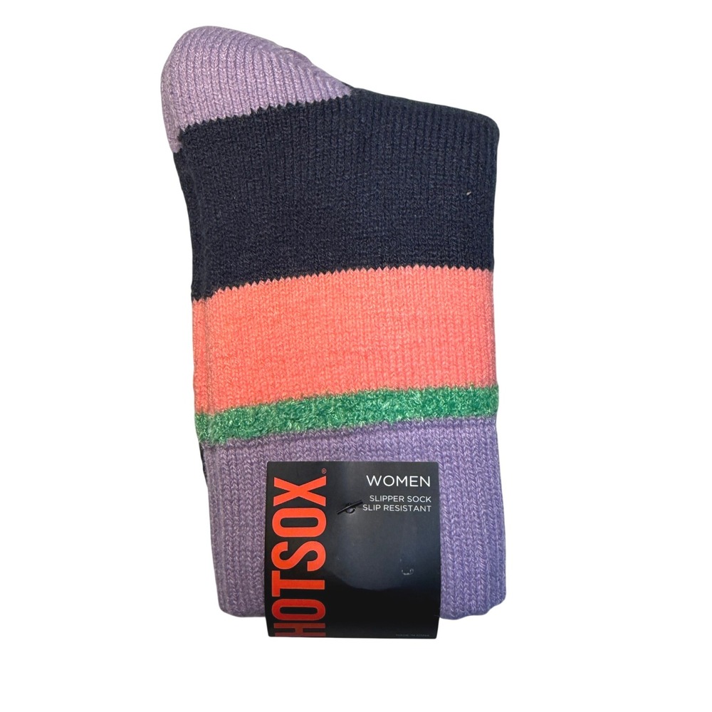 Hot Sox Womens Slipper Socks Slip Resistant Striped Knit Navy Coral‎ NWT